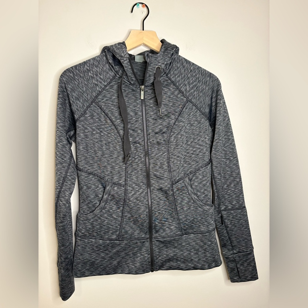 Women’s Athleta full-zip hoodie jacket in a gray space-dye pattern size M